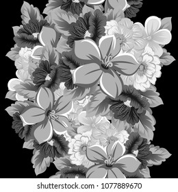 monochrome seamless floral pattern on black background. For your design of fabrics, clothing. Postcards, greeting cards and invitations for birthday, wedding, Valentine's day. Vector illustration.