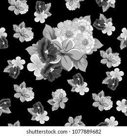 monochrome seamless floral pattern on black background. For your design of fabrics, clothing. Postcards, greeting cards and invitations for birthday, wedding, Valentine's day. Vector illustration.