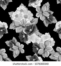 monochrome seamless floral pattern on black background. For your design of fabrics, clothing. Postcards, greeting cards and invitations for birthday, wedding, Valentine's day. Vector illustration.