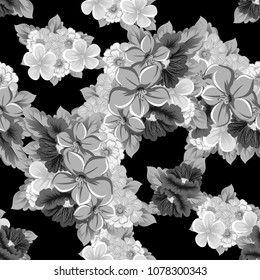 monochrome seamless floral pattern on black background. For your design of fabrics, clothing. Postcards, greeting cards and invitations for birthday, wedding, Valentine's day. Vector illustration.