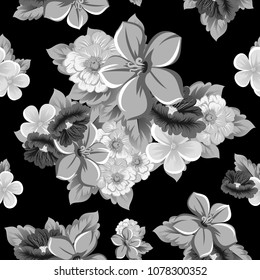monochrome seamless floral pattern on black background. For your design of fabrics, clothing. Postcards, greeting cards and invitations for birthday, wedding, Valentine's day. Vector illustration.
