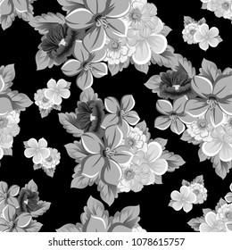 monochrome seamless floral pattern on black background. For your design of fabrics, clothing. Postcards, greeting cards and invitations for birthday, wedding, Valentine's day. Vector illustration.