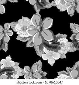 monochrome seamless floral pattern on black background. For your design of fabrics, clothing. Postcards, greeting cards and invitations for birthday, wedding, Valentine's day. Vector illustration.