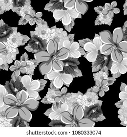 monochrome seamless floral pattern on black background. For your design of fabrics, clothing. Postcards, greeting cards and invitations for birthday, wedding, Valentine's day. Vector illustration.