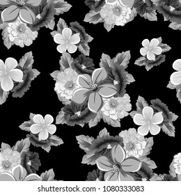 monochrome seamless floral pattern on black background. For your design of fabrics, clothing. Postcards, greeting cards and invitations for birthday, wedding, Valentine's day. Vector illustration.