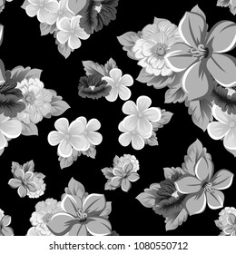 monochrome seamless floral pattern on black background. For your design of fabrics, clothing. Postcards, greeting cards and invitations for birthday, wedding, Valentine's day. Vector illustration.