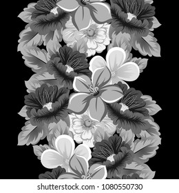 monochrome seamless floral pattern on black background. For your design of fabrics, clothing. Postcards, greeting cards and invitations for birthday, wedding, Valentine's day. Vector illustration.
