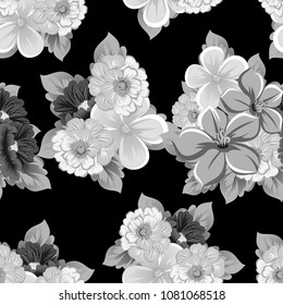 monochrome seamless floral pattern on black background. For your design of fabrics, clothing. Postcards, greeting cards and invitations for birthday, wedding, Valentine's day. Vector illustration.