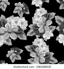 monochrome seamless floral pattern on black background. For your design of fabrics, clothing. Postcards, greeting cards and invitations for birthday, wedding, Valentine's day. Vector illustration.