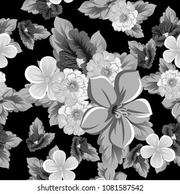 monochrome seamless floral pattern on black background. For your design of fabrics, clothing. Postcards, greeting cards and invitations for birthday, wedding, Valentine's day. Vector illustration.