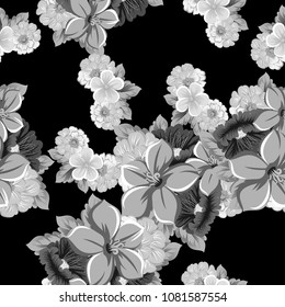 monochrome seamless floral pattern on black background. For your design of fabrics, clothing. Postcards, greeting cards and invitations for birthday, wedding, Valentine's day. Vector illustration.