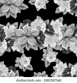 monochrome seamless floral pattern on black background. For your design of fabrics, clothing. Postcards, greeting cards and invitations for birthday, wedding, Valentine's day. Vector illustration.