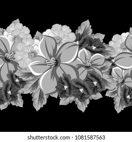 monochrome seamless floral pattern on black background. For your design of fabrics, clothing. Postcards, greeting cards and invitations for birthday, wedding, Valentine's day. Vector illustration.