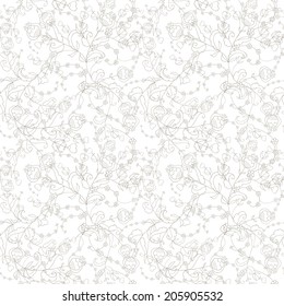 Monochrome seamless floral pattern with pretty flowers, leaves and branches