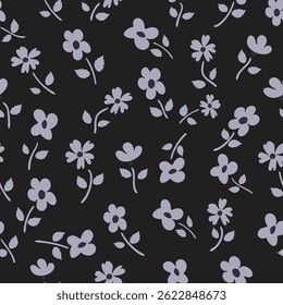 Padrão floral sem emenda monocromático com flores de lavanda macia em fundo preto. ideal para têxteis, papéis de parede, papéis de embalagem e design de padrão de superfície.