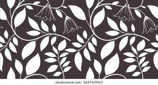 Monochrome seamless floral pattern with white flowers and leaves on a dark background. Ideal for wallpapers, fabrics, and wrapping. Bold decorative vector design with botanical elements.