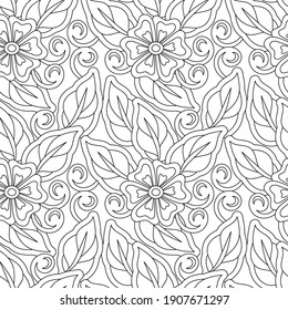 Patrones florales monocromos sin fisuras. Libro de colorear la textura con flores y hojas. Fondos vectoriales dibujados a mano