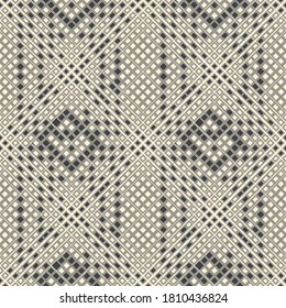 Monochrome seamless geometric pattern. An abstract halftone background with diamonds, rectangles. Thin lines. Vector graphics.