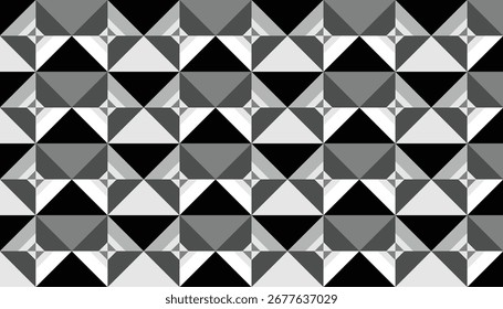Padrão geométrico contínuo monocromático com formas angulares em preto, branco e cinza, criando um design abstrato moderno