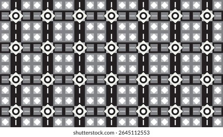 Monochrome seamless geometric pattern featuring intersecting black and gray grid lines with floral-like hubs and diamond-shaped tiles. 