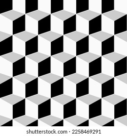 Monochrome seamless geometric pattern. Repeatable 3d cubes background. Decorative endless black and white texture