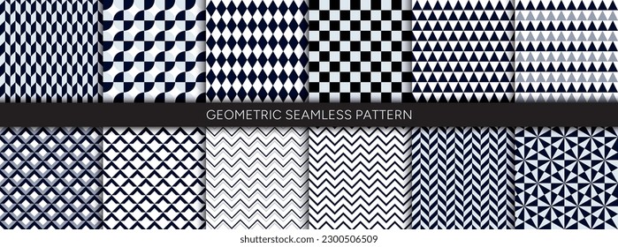 Monochrome seamless geometric pattern with square rhombus,chevron, hexagon, circle, triangle, checkered design. Vector background for print.