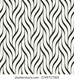 Monochrome seamless geometric wave pattern with bold interlaced grid structure. Modern abstract background featuring rhythmic wavy lines and repeating ripple effect. Stylish vector texture. - Powered by Shutterstock - Get 15% off with code: PIKWIZARD15