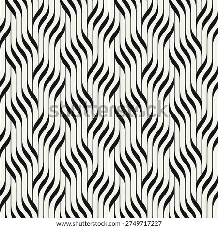 Monochrome seamless geometric wave pattern with bold interlaced grid structure. Modern abstract background featuring rhythmic wavy lines and repeating ripple effect. Stylish vector texture.