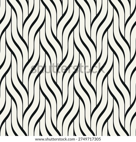 Monochrome seamless geometric wave pattern with bold interlaced grid structure. Modern abstract background featuring rhythmic wavy lines and repeating ripple effect. Stylish vector texture.