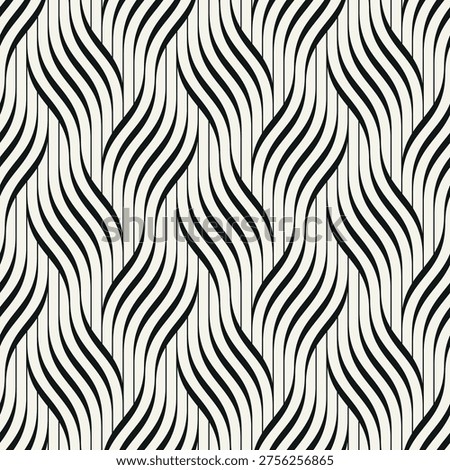 Monochrome seamless geometric wave pattern with bold interlaced grid structure. Modern abstract background featuring rhythmic wavy lines and repeating ripple effect. Stylish vector texture.