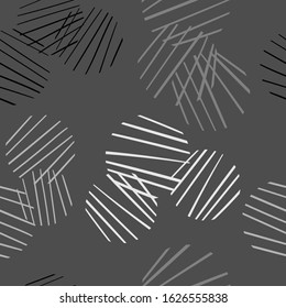 Monochrome seamless geometry pattern. White, gray and black stripes in round shapes on dark gray background.