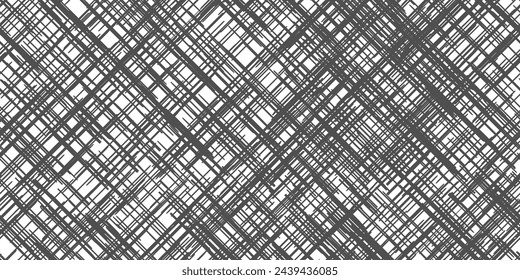 Monochrome seamless gray cross hatch pattern on white paper. An abstract, darkening texture with diagonal lines that imitates mesh, sackcloth or burlap. Vector illustration