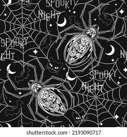 Monochrome seamless halloween pattern with metallic robot spider, spider web, silhouette of cat, bat, crescent, stars. Creative fantasy concept