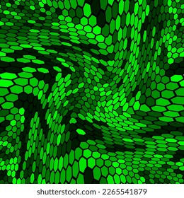 Monochrome seamless hexagonal pattern with halftone filled green hex cells in linear style. Helix morph matrix endless texture desig for business or textile print