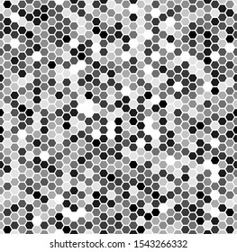 Monochrome seamless honey pattern with halftone filled hex cells in linear style. Hexagonal endless texture desig for business or textile print
