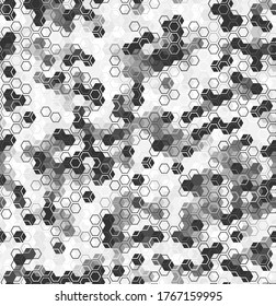 Monochrome seamless honey pattern with halftone filled hex cells in linear style. Hexagonal endless texture desig for business or textile print