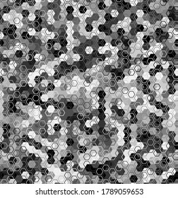 Patrón de miel monocromo sin soldadura con células hex rellenas de semitono en un estilo lineal. Diseño de texturas hexagonales interminables para el comercio o la impresión textil