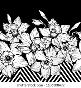 Monochrome seamless horizontal border with hand drown Narcissus. Vector illustration on black geometric background. Postcard, wallpaper, textile, fabrics, fashion design.