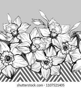Monochrome seamless horizontal border with hand drown Narcissus. Vector illustration on black geometric background. Postcard, wallpaper, textile, fabrics, fashion design.