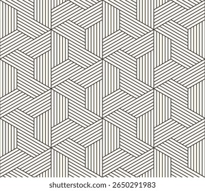 Monochrome seamless intricate geometric pattern background composed of hatched hexagons, creating a dynamic optical illusion of three-dimensional cubes vector illustration.