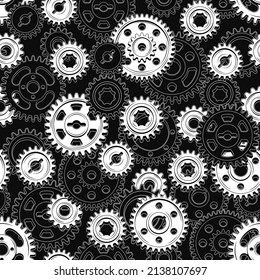Monochrome seamless mechanical pattern with machine gears on a black background. Dense composition. Steampunk style.