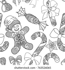 Monochrome Seamless Merry Christmas Pattern, New Year Illustration. Gingerbread Man, Beads, Candy Cane, Flower. Holiday Background in Doodle Line Style. Coloring Book Page. Vector Contour Ornament Art