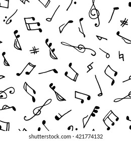 Monochrome seamless music pattern in doodle style on white background. Hand drawn musical theme with clef and note for background, textile, paper packaging, wrapping paper. Vector illustration.