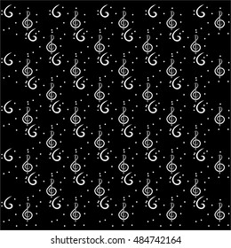 Monochrome seamless music pattern in doodle style on black background. Hand drawn musical theme with clef and note for background, textile, paper packaging, wrapping paper. Vector illustration.