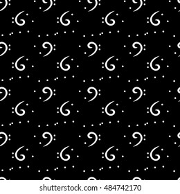 Monochrome seamless music pattern in doodle style on black background. Hand drawn musical theme with clef and note for background, textile, paper packaging, wrapping paper. Vector illustration.