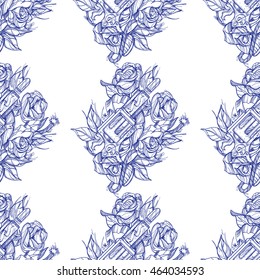 Monochrome seamless outline pattern a gun and roses. Design of surface pattern.