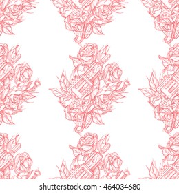 Monochrome seamless outline pattern a gun and roses. Design of surface pattern.