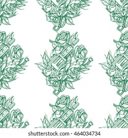 Monochrome seamless outline pattern a gun and roses. Design of surface pattern.
