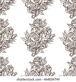 Monochrome seamless outline pattern a gun and roses. Design of surface pattern.
