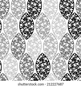 Monochrome seamless pattern of abstract blooming branches.